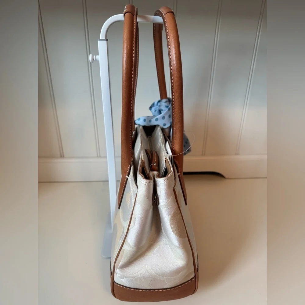 Coach Canvas Leather Brown and Cream Handbag with Blue Scarf NWT